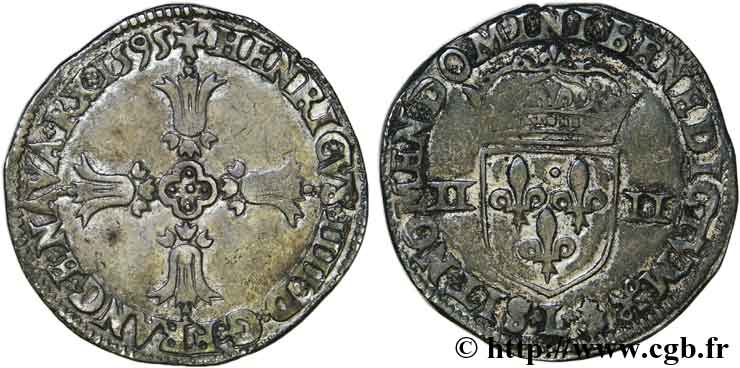 HENRI IV LE GRAND Quart d écu, croix feuillue de face 1595 Bayonne TTB