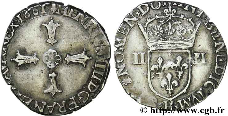 HENRY IV Quart d écu, croix feuillue de face 1601 La Rochelle XF