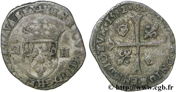 HENRI IV LE GRAND Douzain aux deux H, 2e type 1592 La Rochelle TB+
