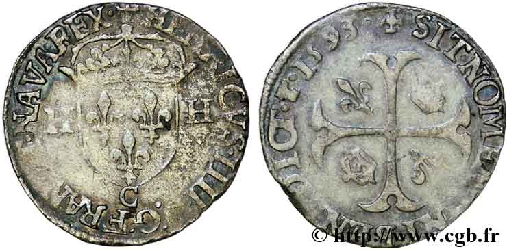 HENRI IV LE GRAND Douzain aux deux H, 2e type 1593 Saint-Lô TB+