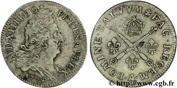 LOUIS XIV  THE SUN KING  10 sols aux insignes 1704 Paris XF