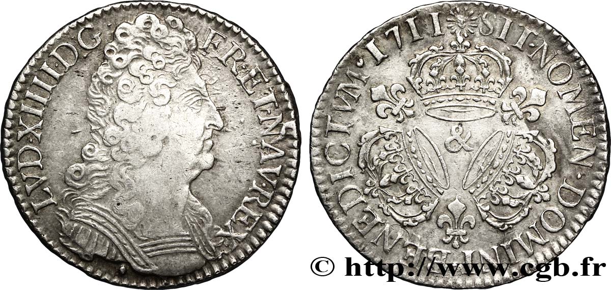 LOUIS XIV &nbsp;THE SUN KING&nbsp; Demi-écu aux trois couronnes 1711 Aix-en-Provence XF