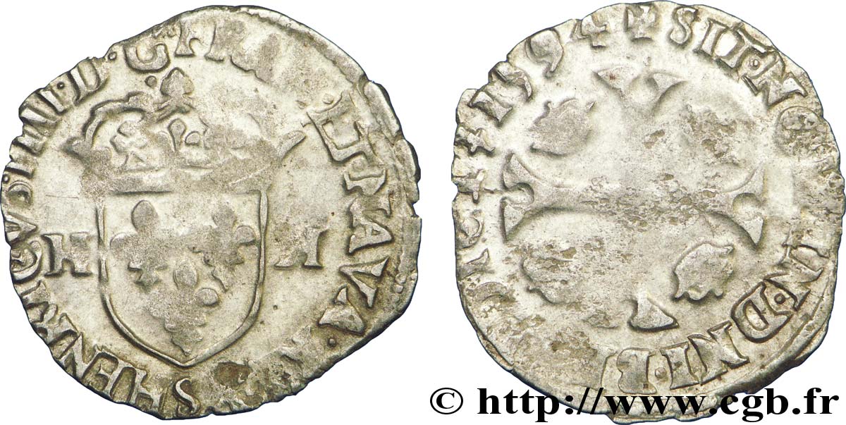 HENRI IV LE GRAND Douzain aux deux H, 1er type 1594 Troyes TTB/TB+