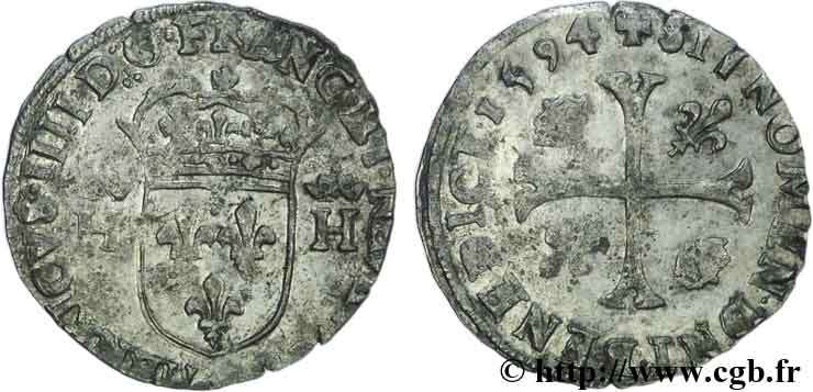 HENRY IV Douzain aux deux H couronnées, 3e type 1594 Clermont-Ferrand AU