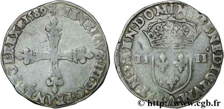 HENRY III Quart d&nbsp;écu, croix de face 1589 Paris BB