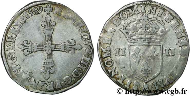 HENRY III Quart d écu, croix de face 1589 Paris XF