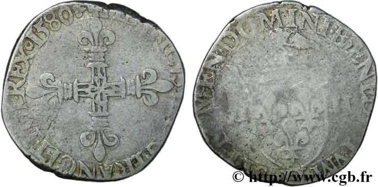 HENRY III Quart d écu, croix de face 1580 La Rochelle MB/B