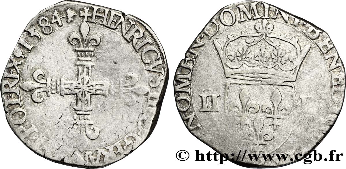 HENRY III Quart d&nbsp;écu, croix de face 1584 La Rochelle VF/VF
