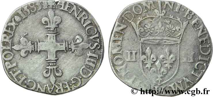 HENRI III Quart d&nbsp;écu, croix de face 1585 La Rochelle TB+/TB