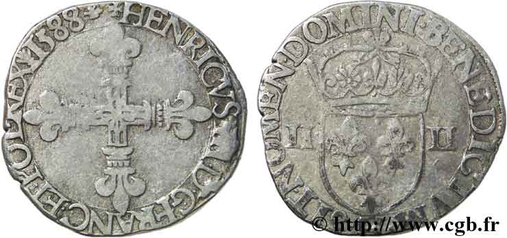 HENRI III Quart d&nbsp;écu, croix de face 1588 La Rochelle TB