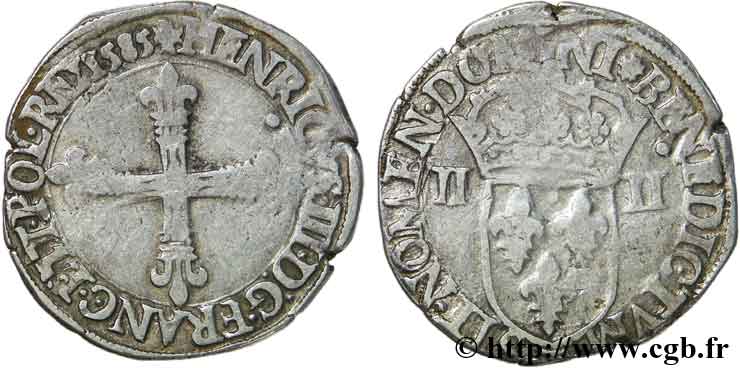 HENRI III Quart d&nbsp;écu, croix de face 1585 Nantes TB+