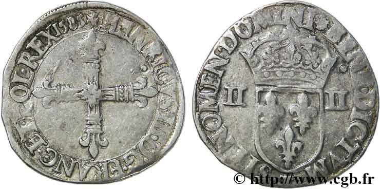 HENRI III Quart d&nbsp;écu, croix de face 1585 Nantes TB+