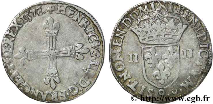HENRI III Quart d écu, croix de face 1578 Rennes TTB