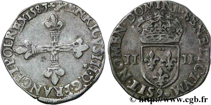 HENRI III Quart d écu, croix de face 1587 Rennes TTB
