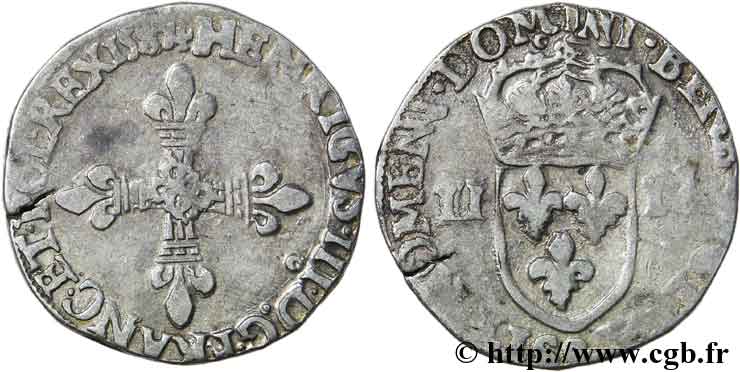 HENRY III Quart d écu, croix de face 1587 Rennes VF