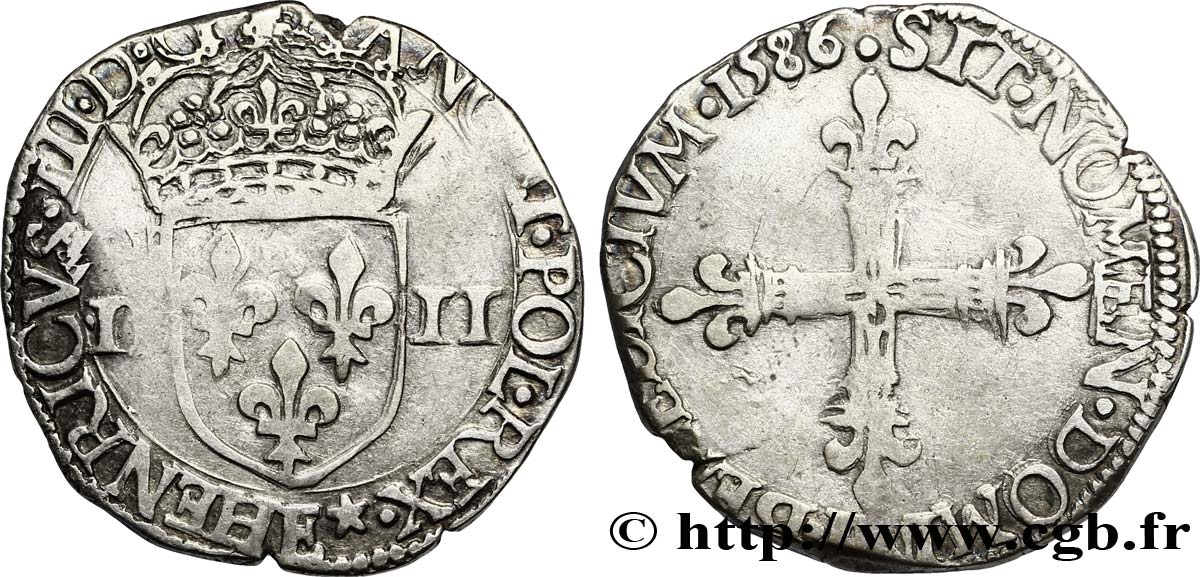 HENRY III Quart d écu, écu de face 1586 Tours XF