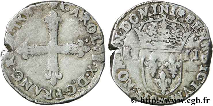CHARLES X, CARDINAL DE BOURBON Quart d écu, croix de face 1593 Nantes TB/TB+