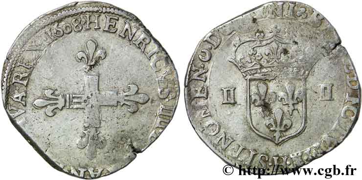 HENRI IV LE GRAND Quart d écu, croix bâtonnée et fleurdelisée de face 1608 La Rochelle TB