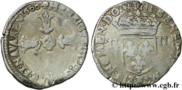 HENRI IV LE GRAND Quart d&nbsp;écu, croix feuillue de face 1606 Angers B+