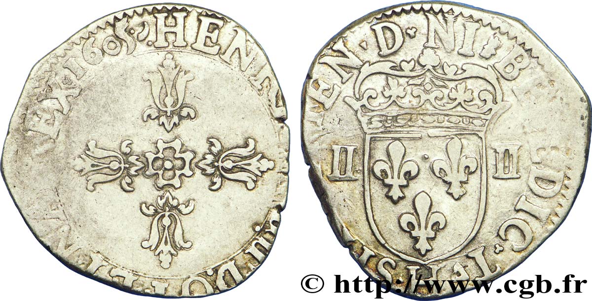 HENRY IV Quart d écu, croix feuillue de face 1605 La Rochelle BB