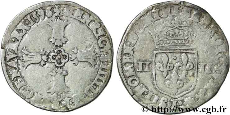 HENRI IV LE GRAND Quart d&nbsp;écu, croix feuillue de face 1596 Bayonne TB+/TB