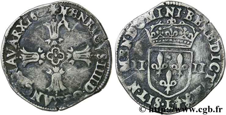 HENRI IV LE GRAND Quart d écu, croix feuillue de face 1602 Bayonne TB+