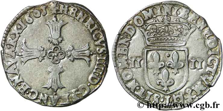 HENRI IV LE GRAND Quart d écu, croix feuillue de face 1605 Bayonne TTB