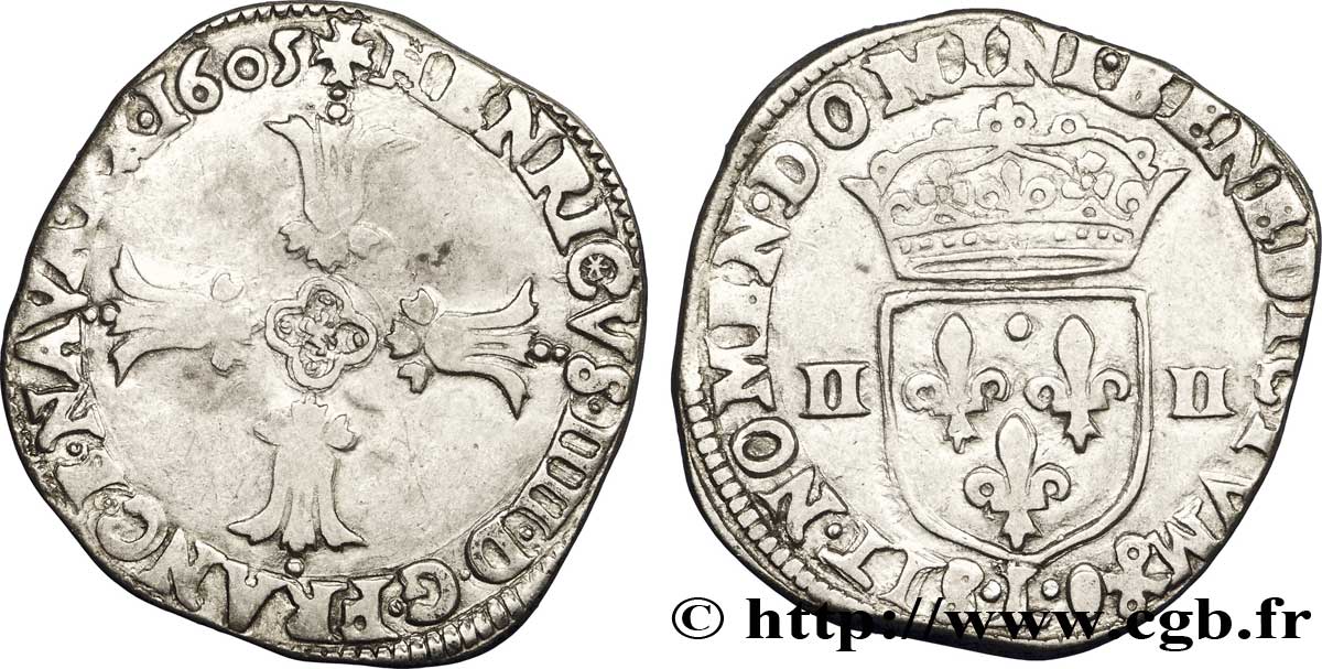 HENRY IV Quart d écu, croix feuillue de face 1605 Bayonne XF