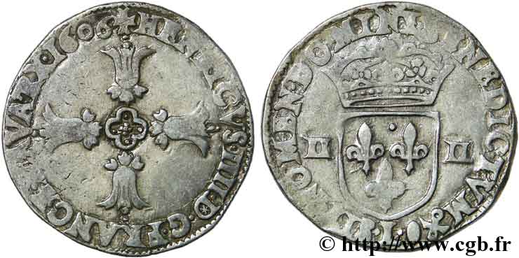 HENRI IV LE GRAND Quart d&nbsp;écu, croix feuillue de face 1606 Bayonne TB+