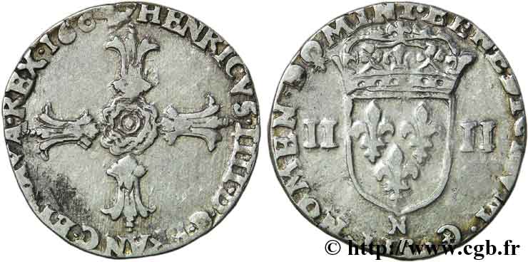 HENRI IV LE GRAND Quart d écu, croix feuillue de face 1604 Montpellier TB+