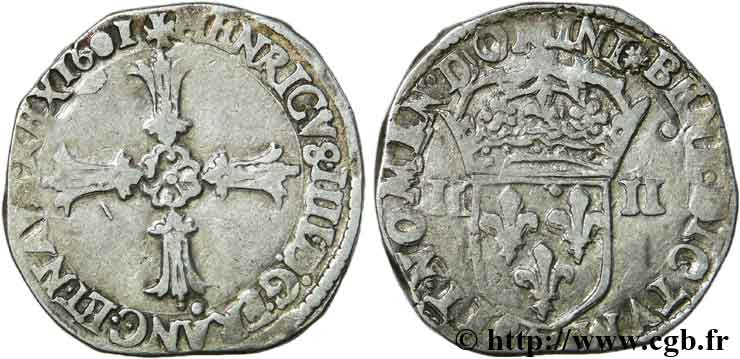 HENRY IV Quart d écu, croix feuillue de face 1601 Nantes q.BB