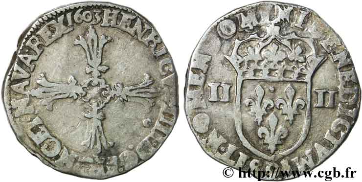 HENRI IV LE GRAND Quart d&nbsp;écu, croix feuillue de face 1603 Rennes TB+