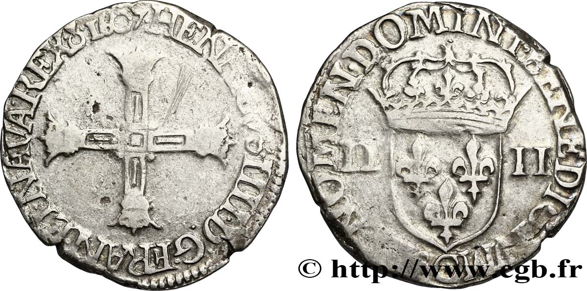 HENRY IV Quart d&nbsp;écu, croix bâtonnée et couronnée de face 1607 Saint-Lô XF