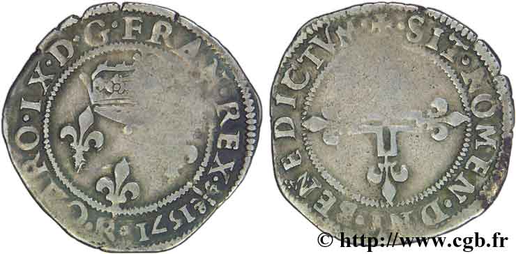 CHARLES IX Double sol parisis, 1er type 1571 Saint-André de Villeneuve-lès-Avignon TTB