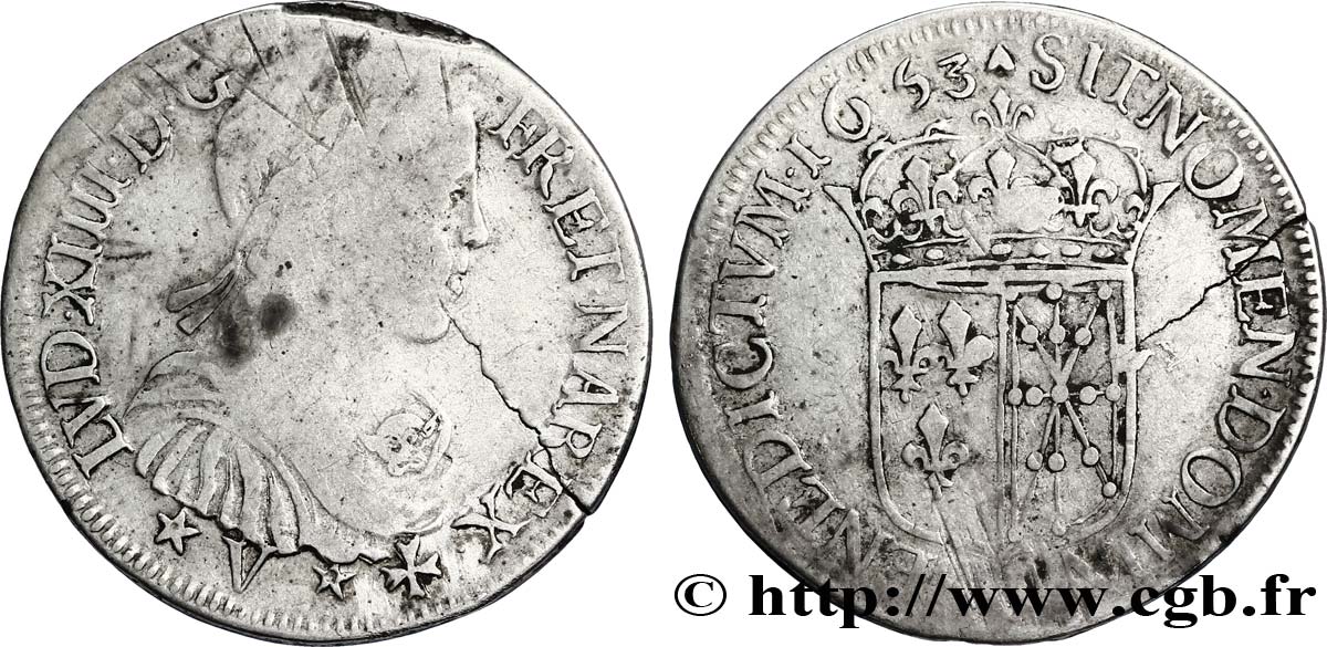 LOUIS XIV LE GRAND OU LE ROI SOLEIL Demi-écu de Navarre, portrait à la mèche longue 1653 Saint-Palais TB+