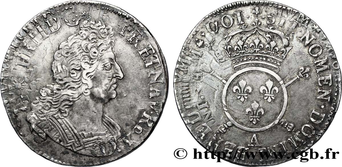 LOUIS XIV  THE SUN KING  Demi-écu aux insignes 1701 Paris XF