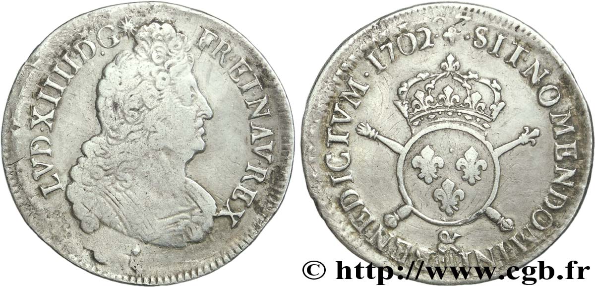LOUIS XIV LE GRAND OU LE ROI SOLEIL Demi-écu aux insignes 1702 Aix-en-Provence TB+