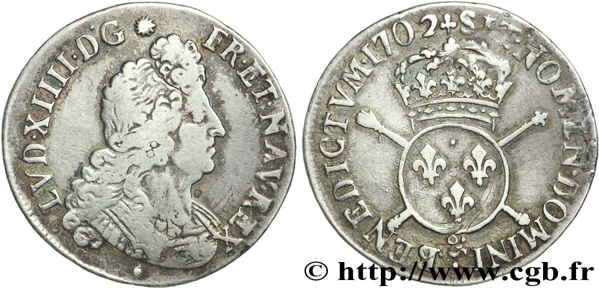 LOUIS XIV  THE SUN KING  Quart d écu aux insignes 1702 Aix-en-Provence MB