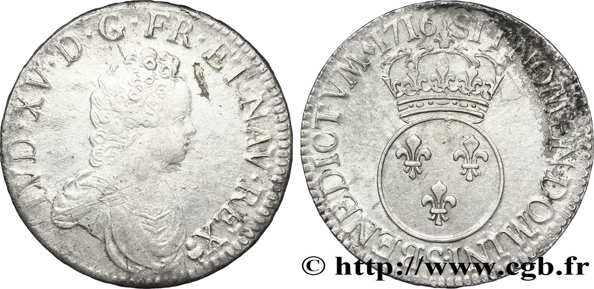 LOUIS XV DIT LE BIEN AIMÉ Écu dit “vertugadin” 1716 Reims TTB/TTB+