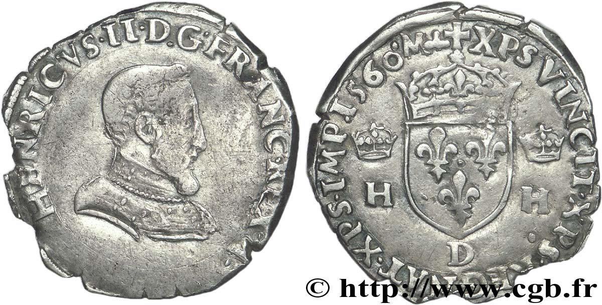 FRANÇOIS II. MONNAYAGE AU NOM D&nbsp;HENRI II Demi-teston à la tête nue, 1er type 1560 Lyon TTB