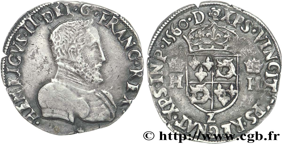 FRANÇOIS II. MONNAYAGE AU NOM D&nbsp;HENRI II Demi-teston du Dauphiné à la tête nue 1560 Grenoble TTB