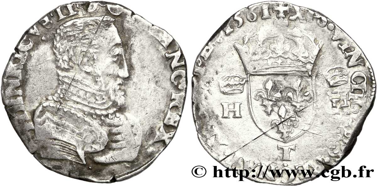 CHARLES IX. COINAGE AT THE NAME OF HENRY II Teston à la tête nue, 1er type 1561 Nantes SS