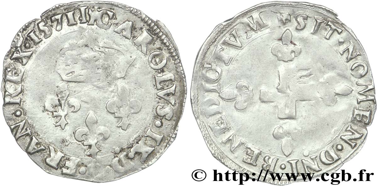CHARLES IX Double sol parisis, 1er type 1571 Limoges XF/VF