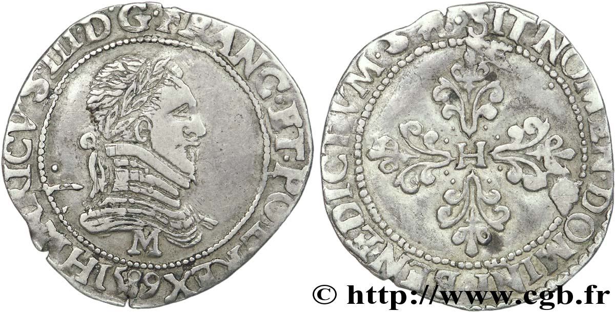 HENRY III Quart de franc au col plat 1589 Toulouse XF