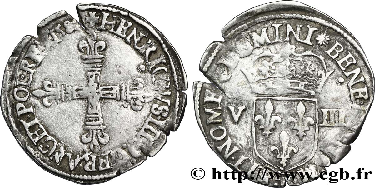 HENRI III Huitième d écu, croix de face n.d. Nantes TTB