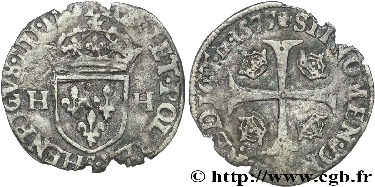 HENRI III Douzain aux deux H, 1er type 1577 Troyes TB+