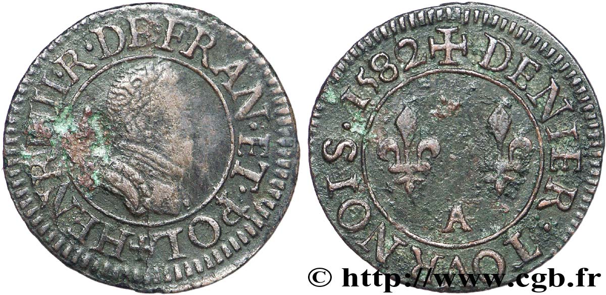 HENRI III Denier tournois, 1er type de Paris 1582 Paris, Moulin des Étuves TB/TTB