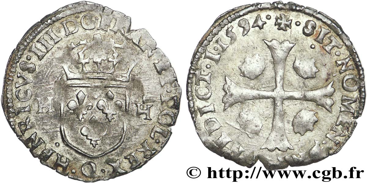 LA LIGUE. MONNAYAGE AU NOM D&nbsp;HENRI III Douzain aux deux H, 1er type 1594 Narbonne TTB+