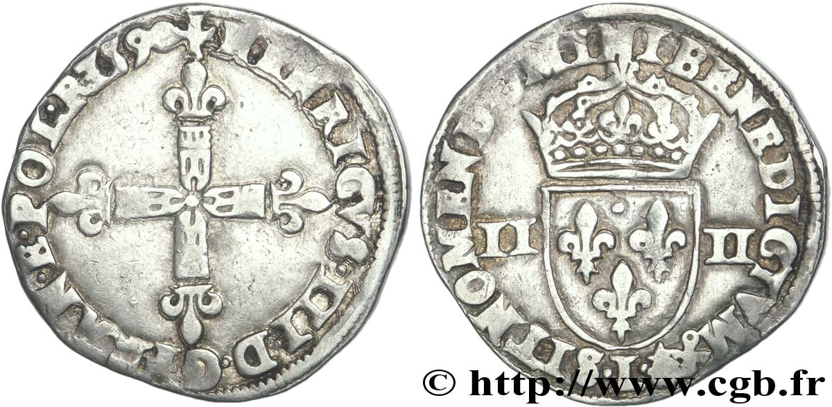 LA LIGUE. MONNAYAGE AU NOM D HENRI III Quart d écu, croix de face 1590 Bayonne TTB