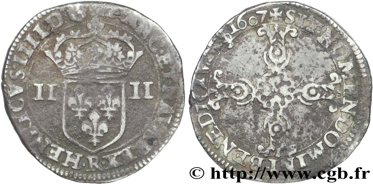 HENRI IV LE GRAND Quart d écu, écu de face, 2e type 1607 Saint-André de Villeneuve-lès-Avignon TB+